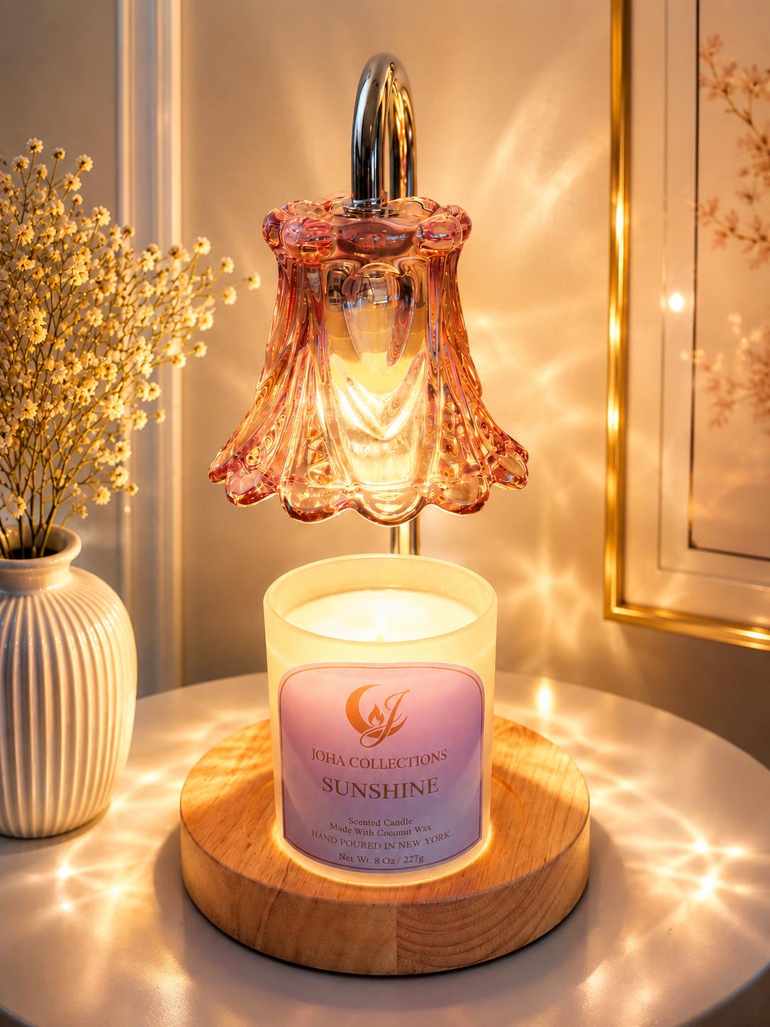 Decorative candle with a glass shade on a wooden base, surrounded by soft lighting. Main image