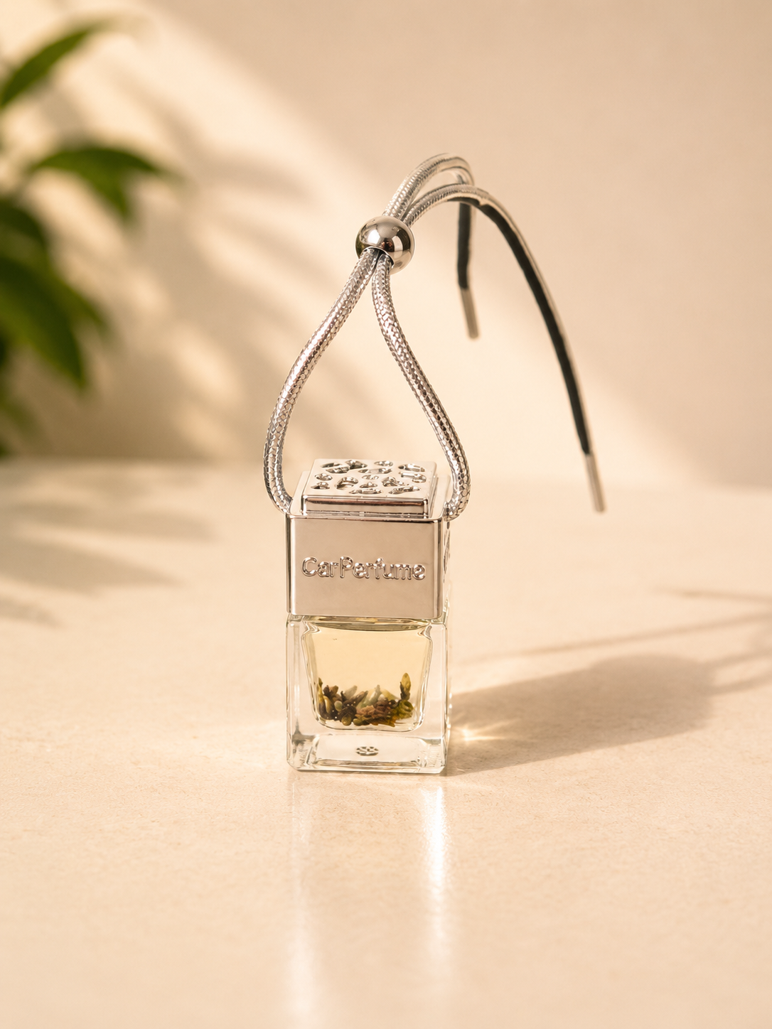 Car air freshener with a plant in the background on a beige surface